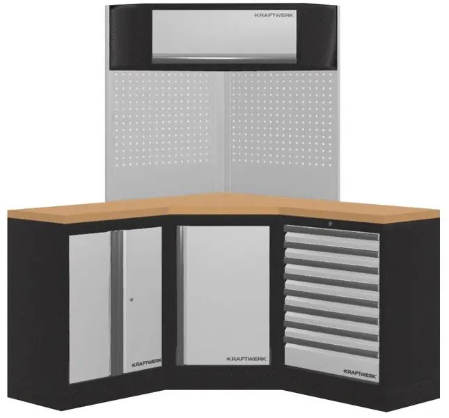 Dílenská stěna rohová 1574/1574x488x2000mm, deska Multiplex MOBILIO GREY dílenský nábytek