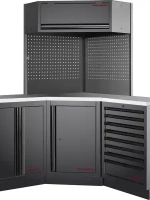 Dílenská stěna rohová 1574/1574x488x2000mm, deska NEREZ MOBILIO BLACK dílenský nábytek