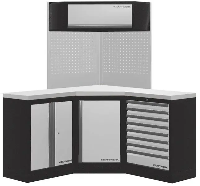 AKCE KW Dílenská stěna rohová 1574/1574x488x2000mm, deska NEREZ MOBILIO GREY dílenský nábytek