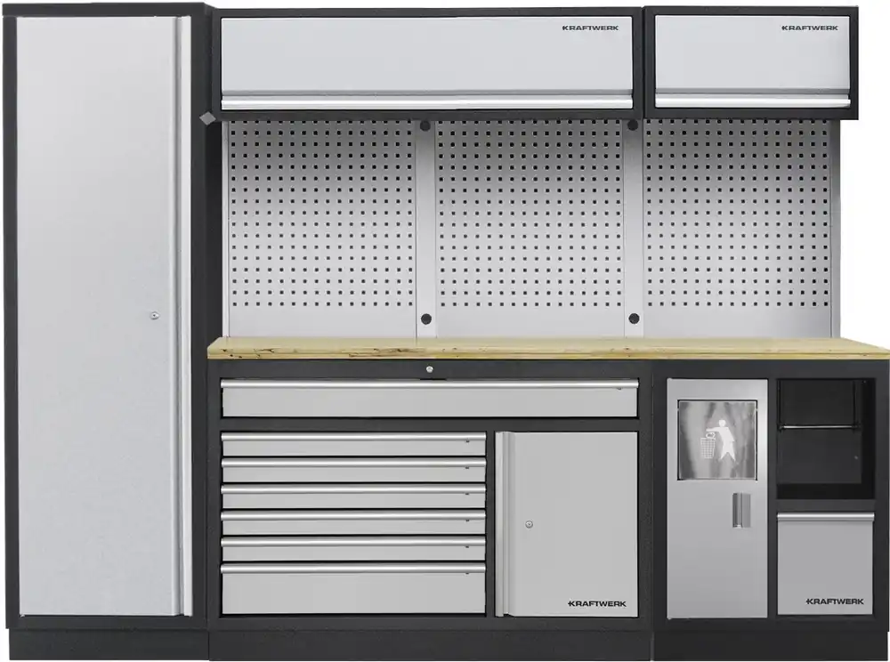 AKCE KW Dílenská stěna 2640x488x2000mm, deska Multiplex MOBILIO GREY dílenský nábytek