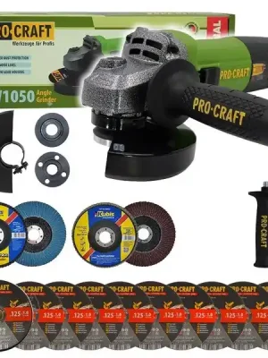 Úhlová bruska 125mm + 10x řezný kotouč, 2x lamelový kotoučPROCRAFT SPW1050