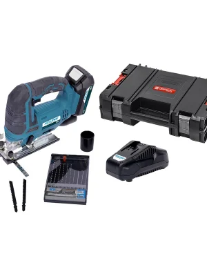 AKCE XT Aku přímočará pila 18 V + baterie 2.0 Ah + nabíječka 2.4 A + pilové plátky + box XTLINE