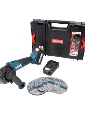 Aku úhlová bruska bezuhlíková 18 V /125 mm + kotouče + baterie 5.0 Ah + nabíječka + box XTLINE