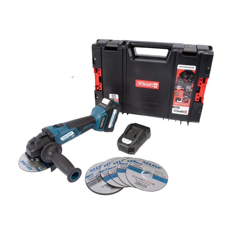 Aku úhlová bruska bezuhlíková 18 V /125 mm + kotouče + baterie 5.0 Ah + nabíječka + box XTLINE