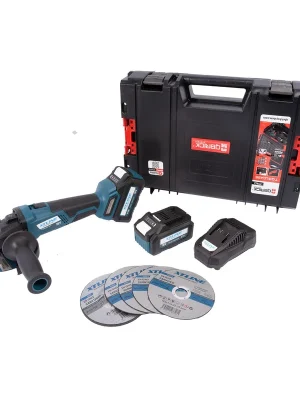Aku úhlová bruska bezuhlíková 18 V /125 mm + kotouče + 2 baterie 5.0 Ah + nabíječka 3.5 A + box XTLINE