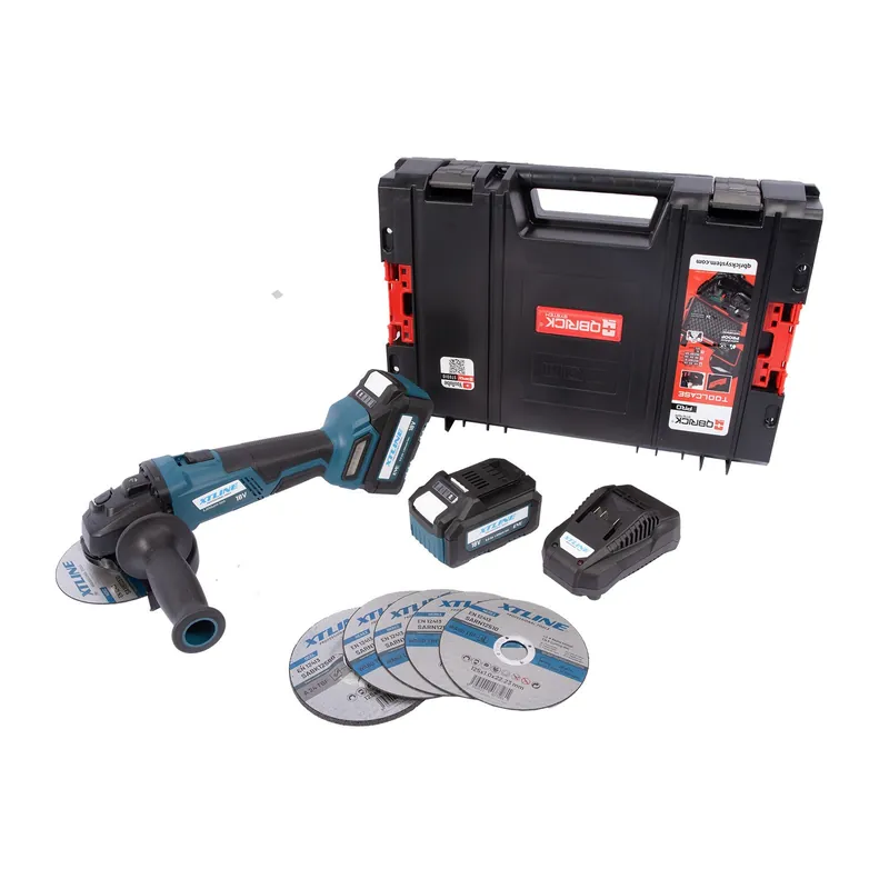 Aku úhlová bruska bezuhlíková 18 V /125 mm + kotouče + 2 baterie 5.0 Ah + nabíječka 3.5 A + box XTLINE