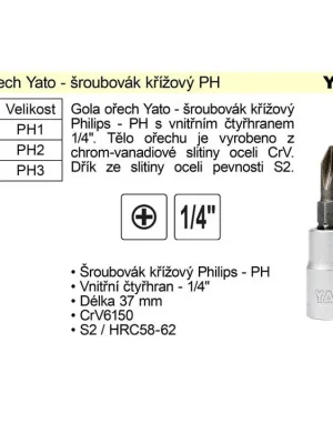 Gola ořech 1/4" šroubovák křížový PH3 YT-7675
