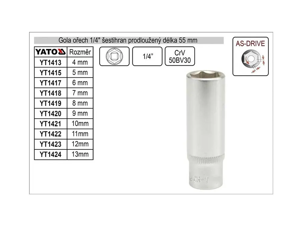 Gola ořech šestihran 1/4" prodloužený 12mm