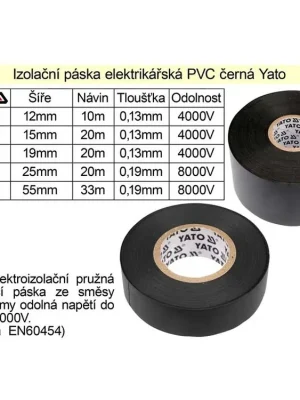 Izolační páska elektrikářská PVC šíře 19mm délka 20m černá Yato