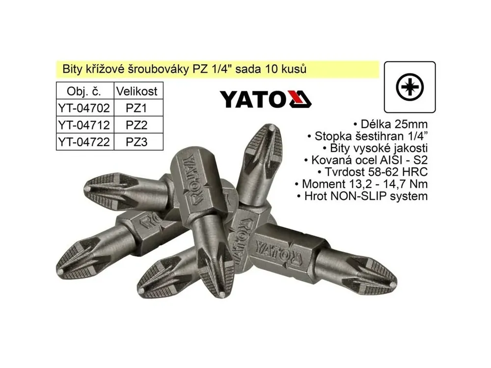 Bit křížový šroubovák PZ2x25mm 1/4" sada 10 kusů YT-04712