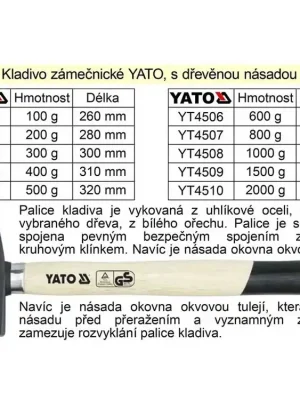 Kladivo zámečnické YATO s dřevěnou okovanou násadou 100g