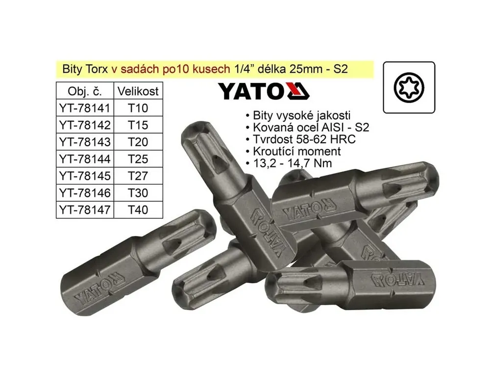 Bit Torx T30x25mm 1/4' sada 10 kusů YT-78146