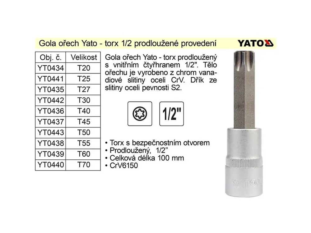 Gola ořech torx 1/2" prodloužený T30 YT-0442