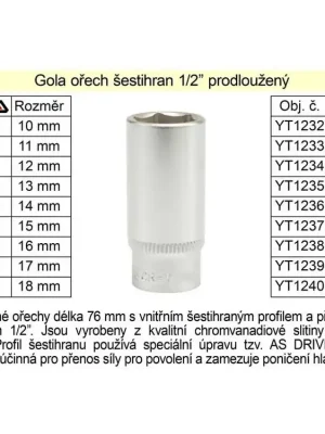 Gola ořech šestihran 1/2" prodloužený 18mm