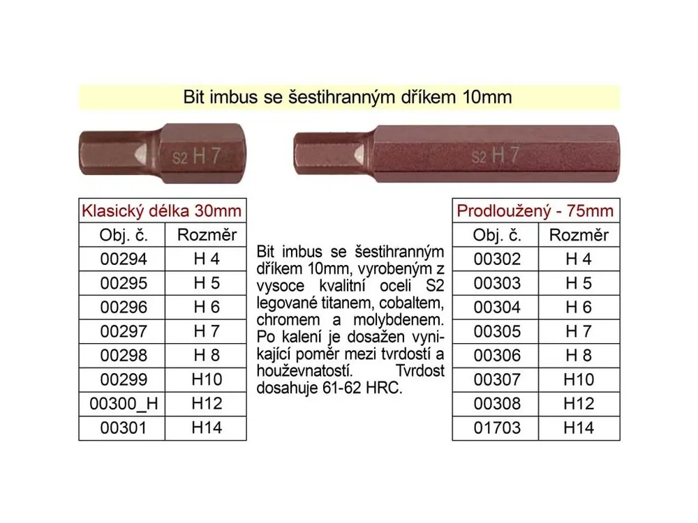 Bit imbus H 6 se šestihranným dříkem 10mm délka 75mm