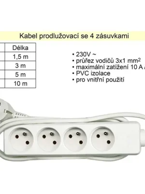 Prodlužovací kabel 4 zásuvky délka 1,5 m