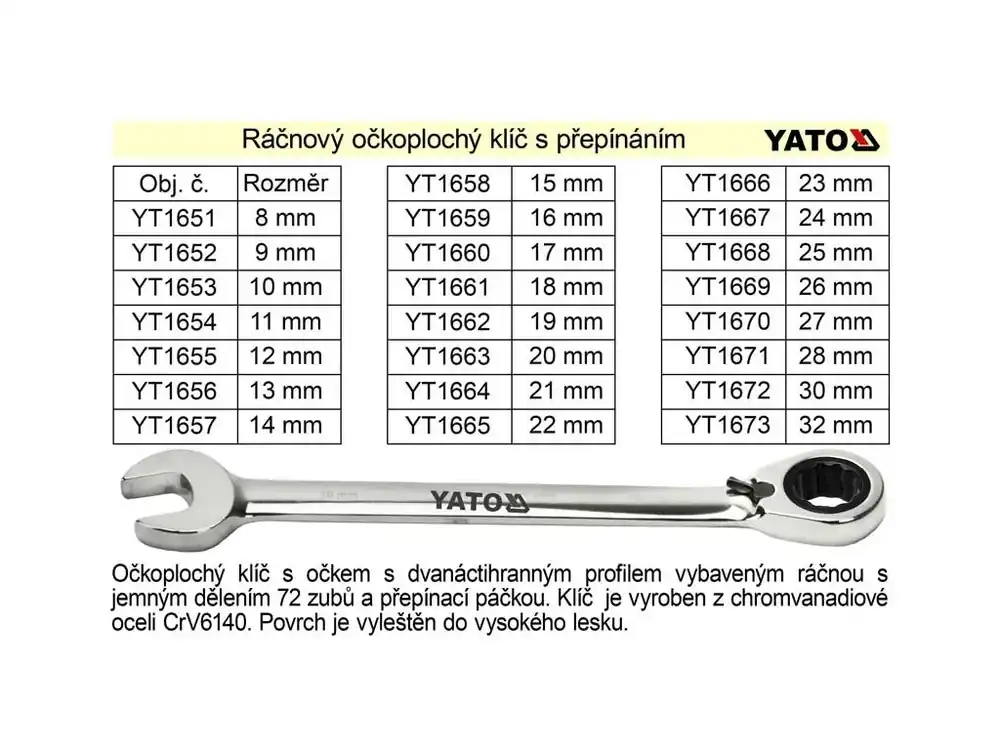 YATO Ráčnový klíč očkoplochý s přepínáním 13mm