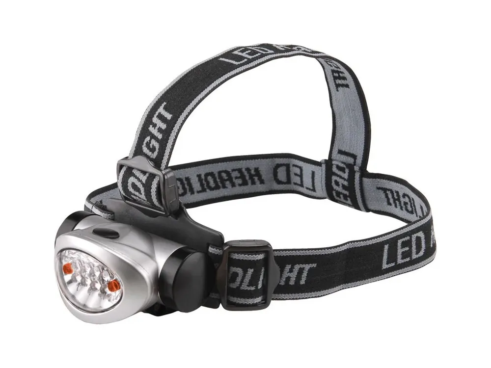 čelovka 8 + 2 LED diod, dosvit 15m, 3 stupně svítivosti: 4-8 bílé nebo 2 červené LED diod