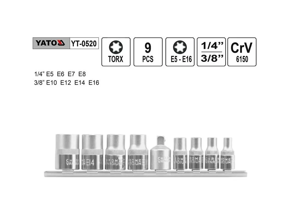 Nástrčné hlavice torx sada 9 kusů vnitřní E5-E16 Yato