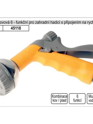 Rozstřikovač 6 funkční kovovový pro zahradní hadici s připojením na rychlospojku