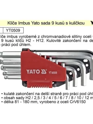 Klíče imbus zahnuté 2 - 12 mm s kuličkou Yato
