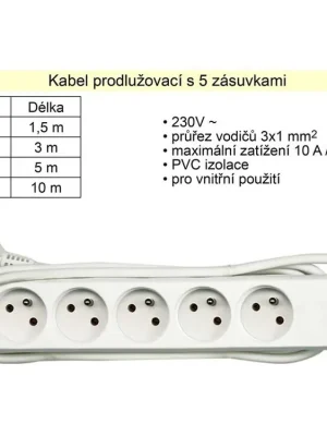 Prodlužovací kabel 5 zásuvrek délka 10 m