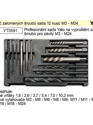 Vytahovač zalomených šroubů sada 12 kusů 3 - 24 mm Yato