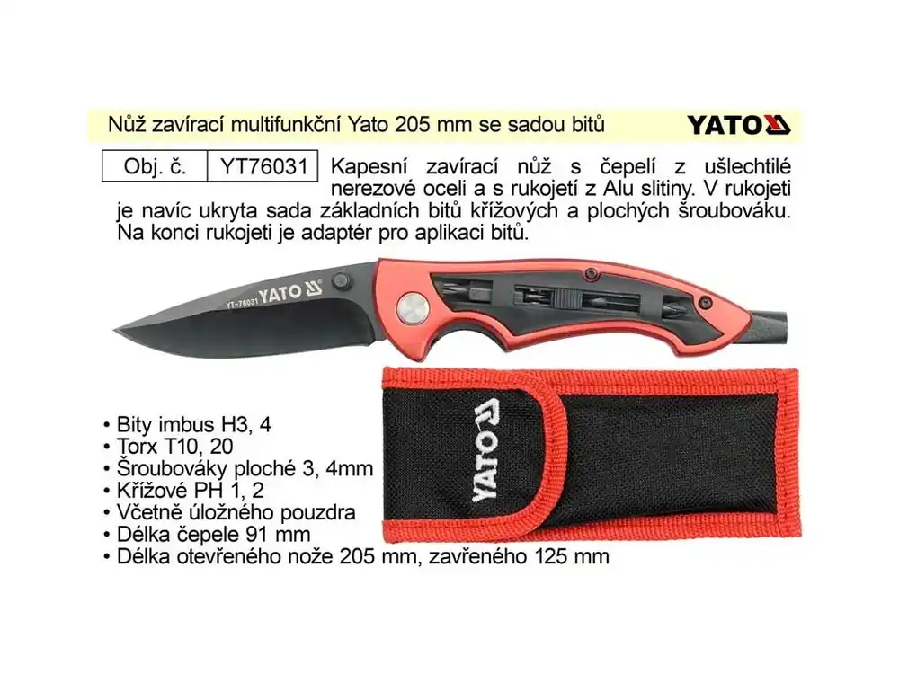 Nůž zavírací multifunkční Yato 205 mm se sadou bitů