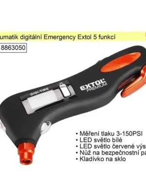 Měřič tlaku pneumatik digitální Emergency Extol 5 funkcí