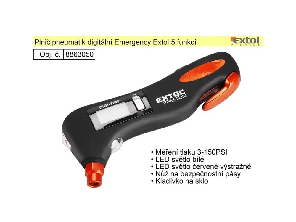 Měřič tlaku pneumatik digitální Emergency Extol 5 funkcí