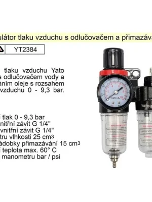 YATO Regulátor tlaku vzduchu s odlučovačem a přimazáváním, 1/4", redukční ventil YT-2384