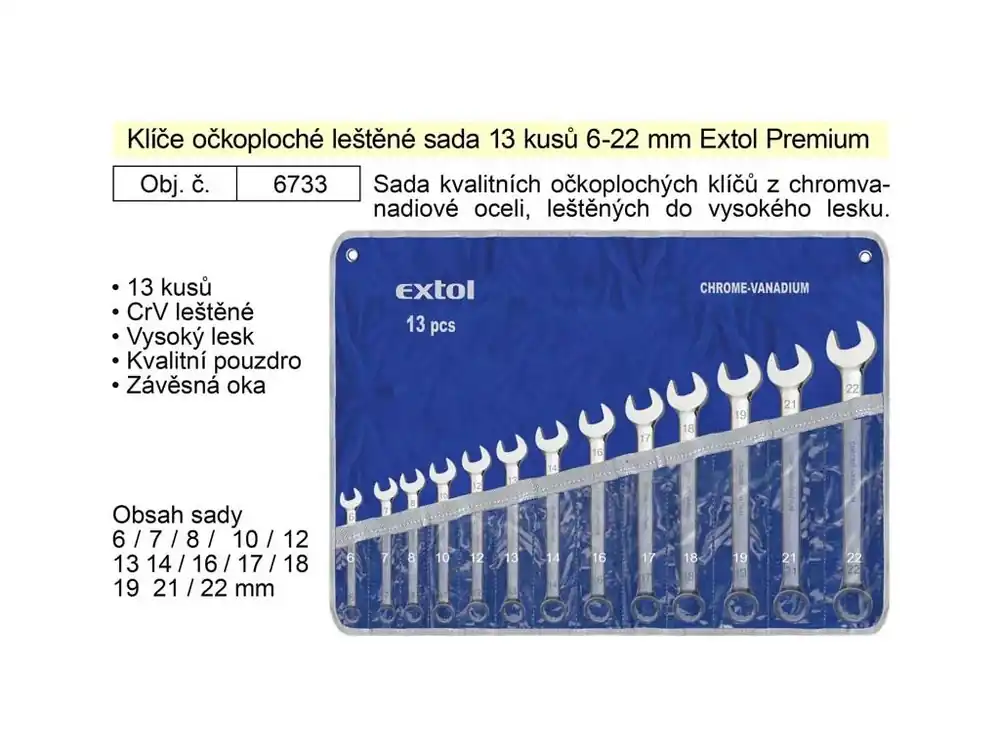 Klíče očkoploché leštěné sada 13 kusů 6-22mm CrV