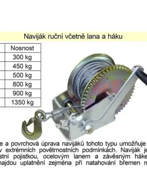 Naviják ruční včetně lana a háku, nosnost 450kg