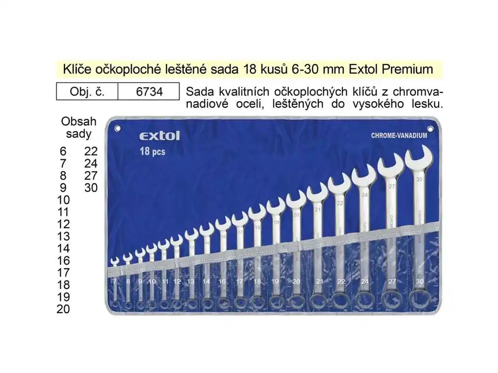 Klíče očkoploché leštěné sada 18 kusů 6-30mm CrV