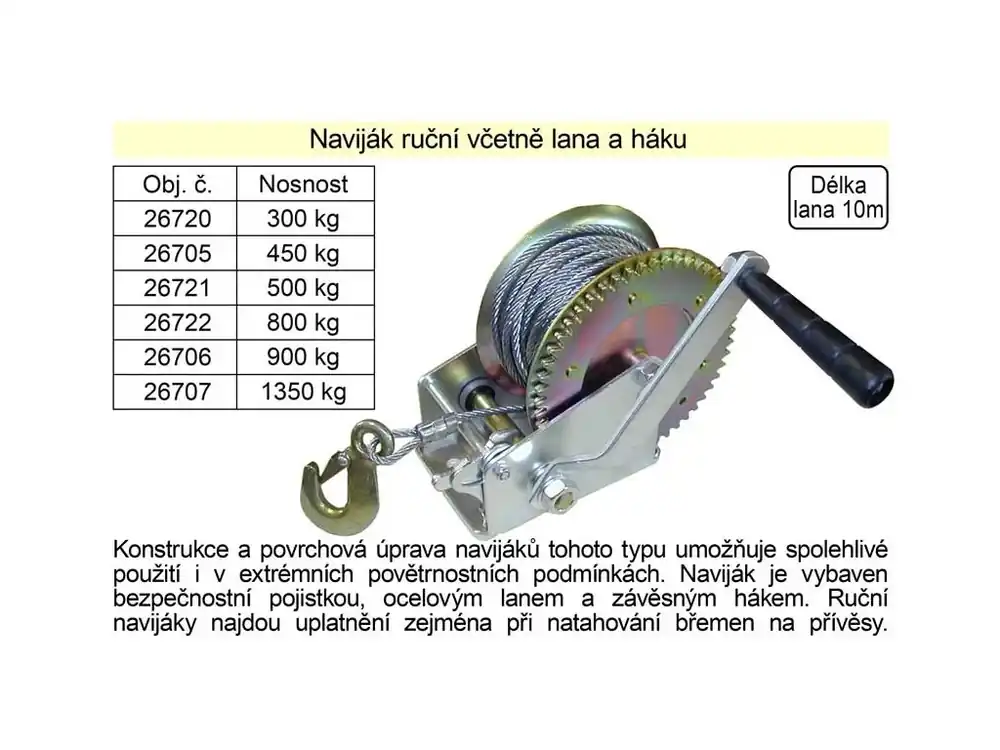 Naviják ruční včetně lana a háku, nosnost 900kg