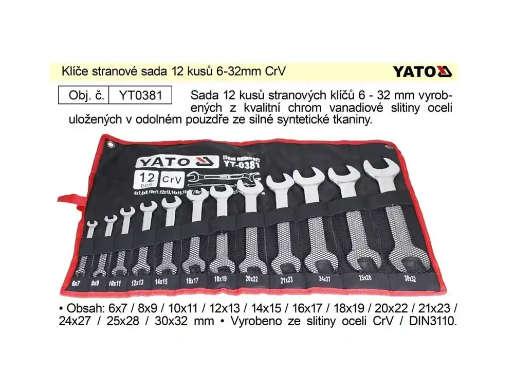 Klíče stranové sada 12 kusů 6-32mm CrV Yato