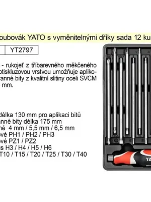 Šroubovák s vyměnitelnými prodlouženými bity Yato sada 12 kusů