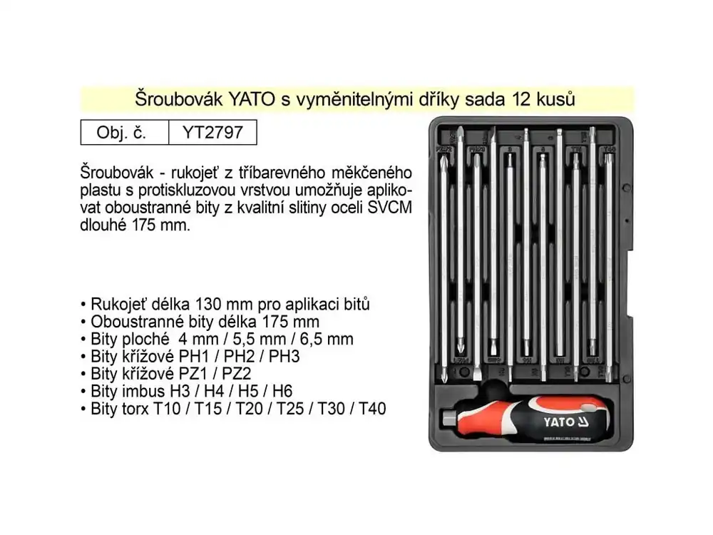 Šroubovák s vyměnitelnými prodlouženými bity Yato sada 12 kusů