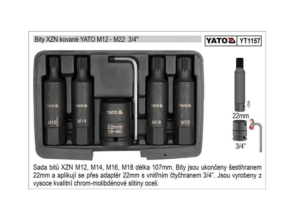 Bity XZN kované sada 6 dílů YATO M12-M18 se stopkou 3/4"