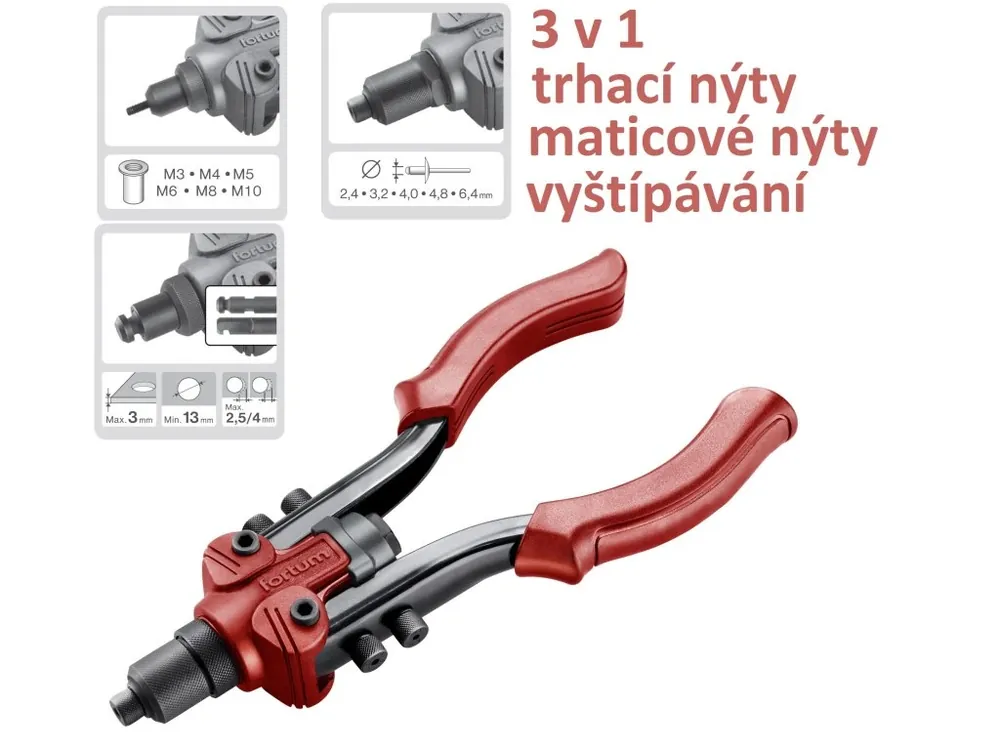 FORTUM Combo nýtovací kleště 3v1 maticové nýty M3-M10 trhací nýty 2,4-6,4mm, 4770638