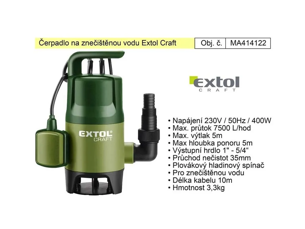 Čerpadlo elektrické kalové 400 W 7500 l / hod Extol 414122