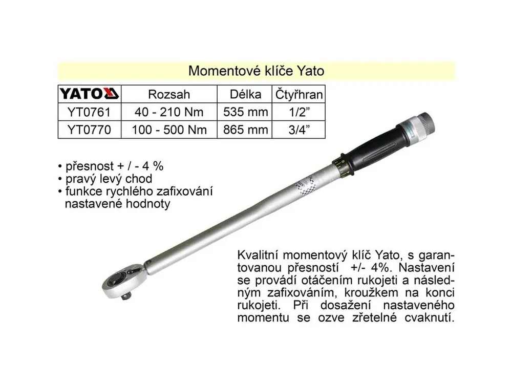 Momentový klíč ohybový 100 - 500 Nm 3/4" Yato