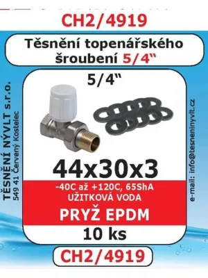 Těsnění topenářského šroubení, pryž EPDM 44 x 30 x 3 mm, 5/4" (sada 10 ks)