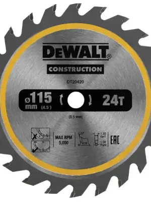 Pilový kotouč 115x9,5mm, SK24 ATB, 20° jemný řez, DT20420, DeWALT