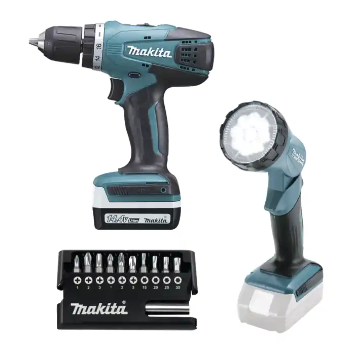 Makita DF347DWLX1 Aku vrtací šroubovák s lampou a příslušenstvím Li-ion 14,4V/1,3Ah
